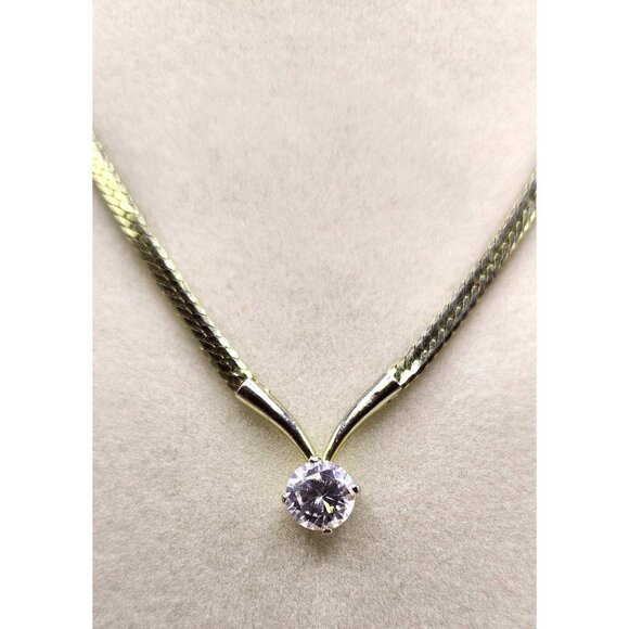 Solitaire Cubic Zirconia Prong Set  15" V Shape Necklace - Picture 3 of 4